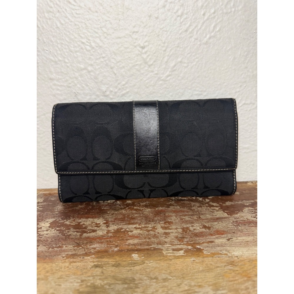 Vtg Coach Signature Trifold Wallet Black Canvas Leather Y2K